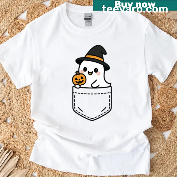 Cute T-shirt featuring a pocket ghost for Halloween