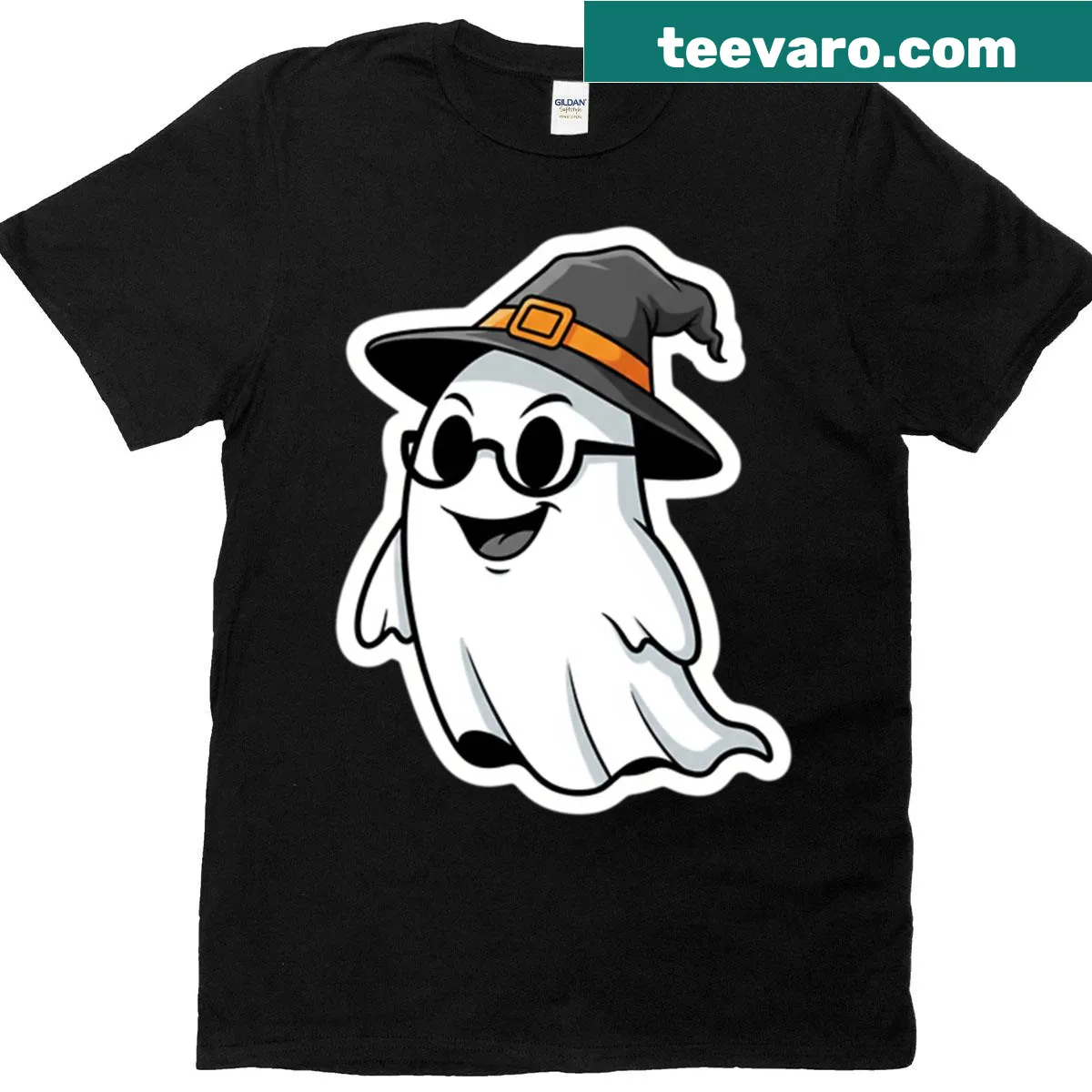 Cartoon ghost witch with glasses for Halloween t-shirt — on a men's t-shirt