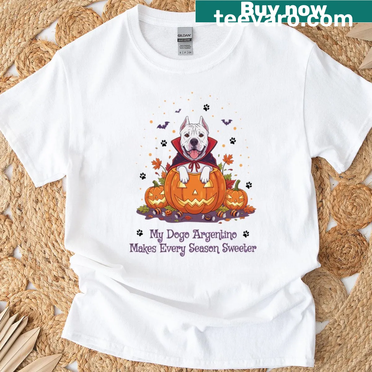 Oversized Halloween T-shirt featuring a Dogo Argentino as Dracula — on a men's t-shirt