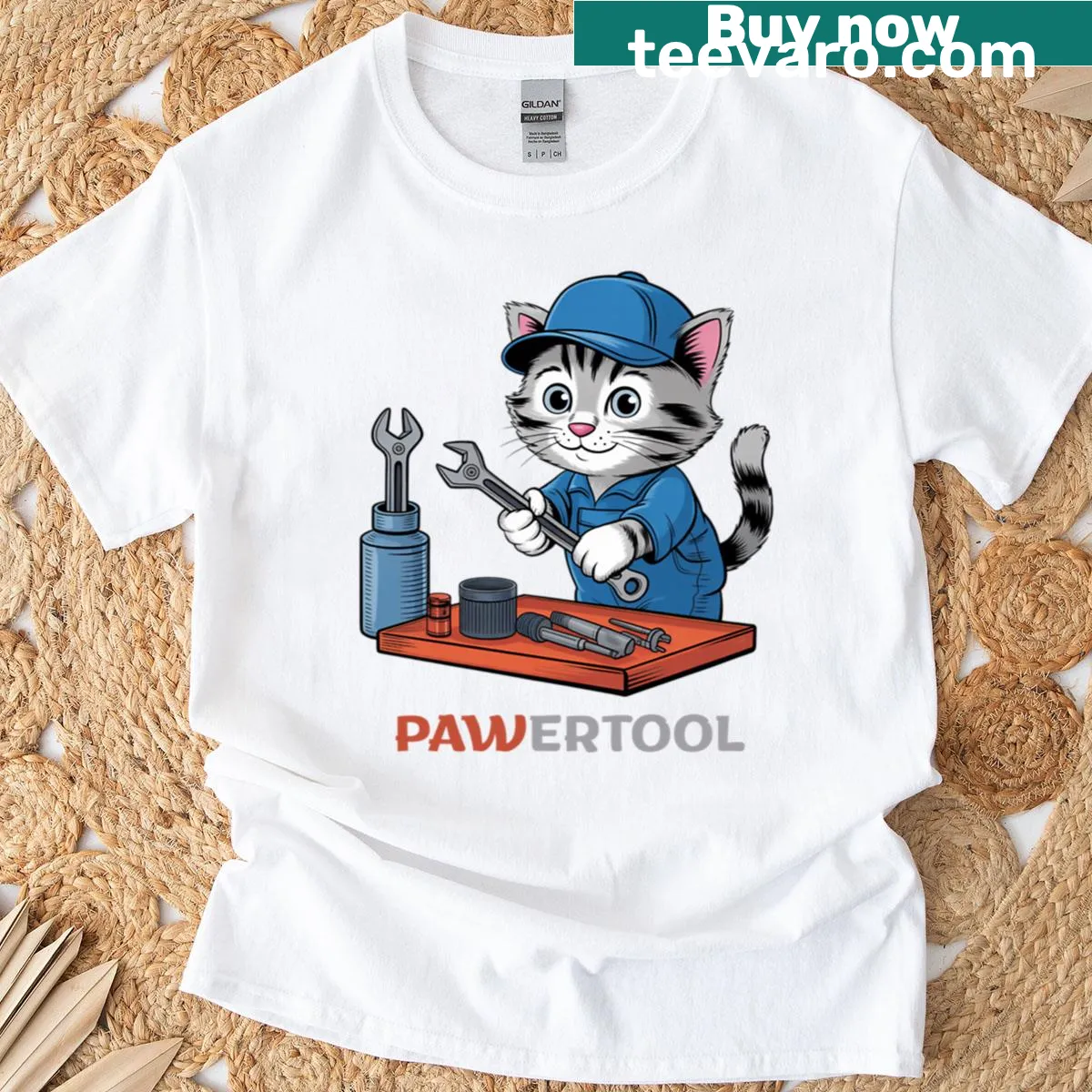 Cute kitten illustrated as a mechanic with tools and a playful expression — on a men's t-shirt