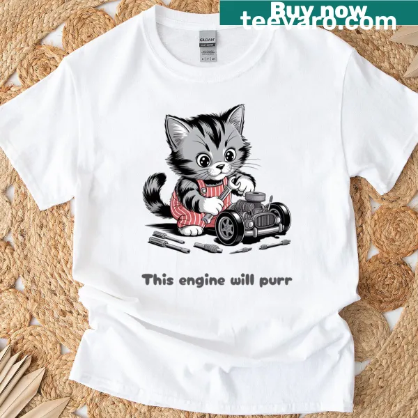 Oversized tee with a cute kitten building an engine illustration