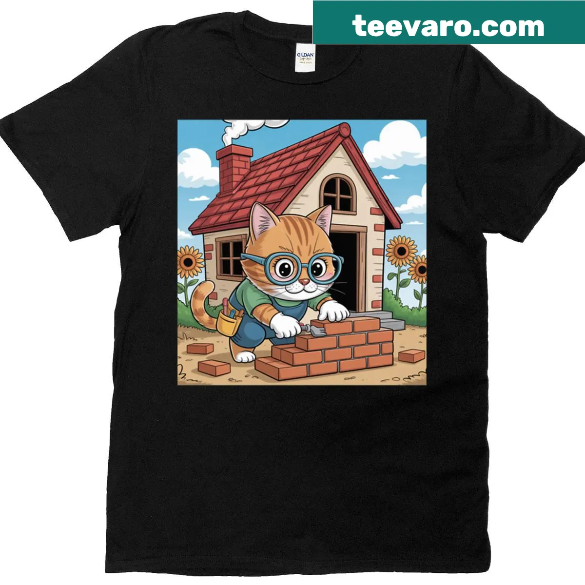 Cute kitten building a house illustrated on a t-shirt — on a men's t-shirt