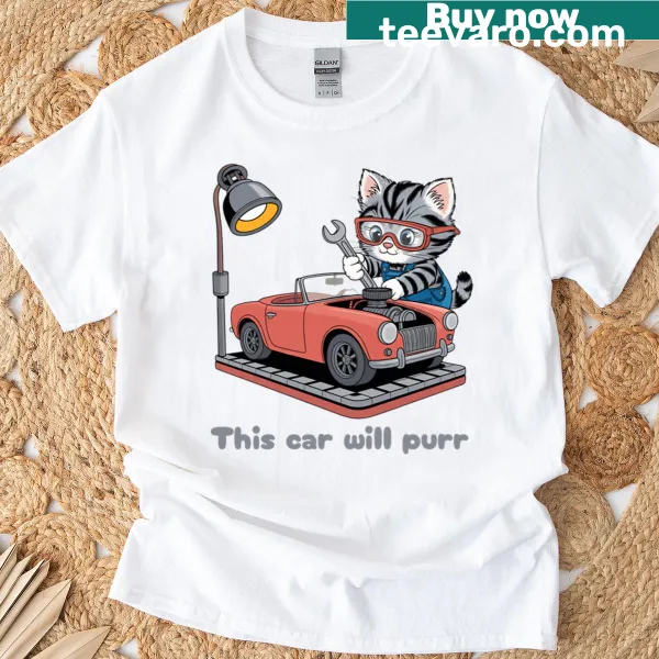 Cute kitten illustrated fixing a car with tools
