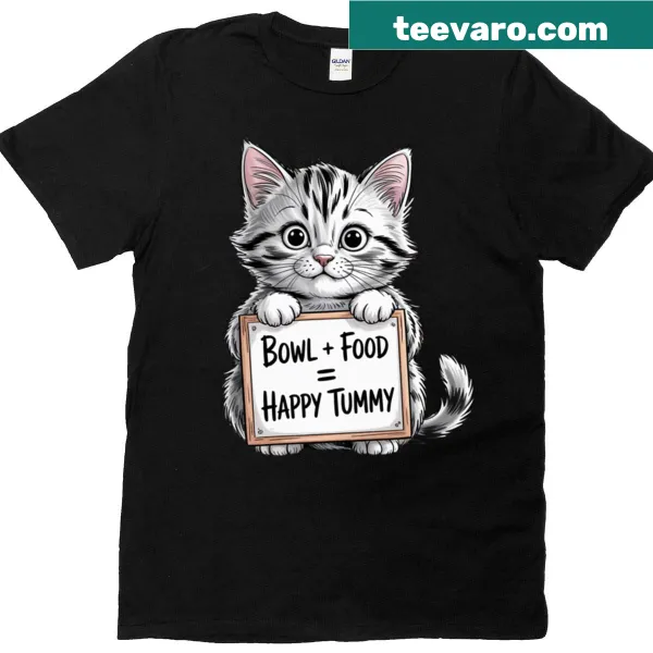 Kitten with brain teaser graphic on a t-shirt