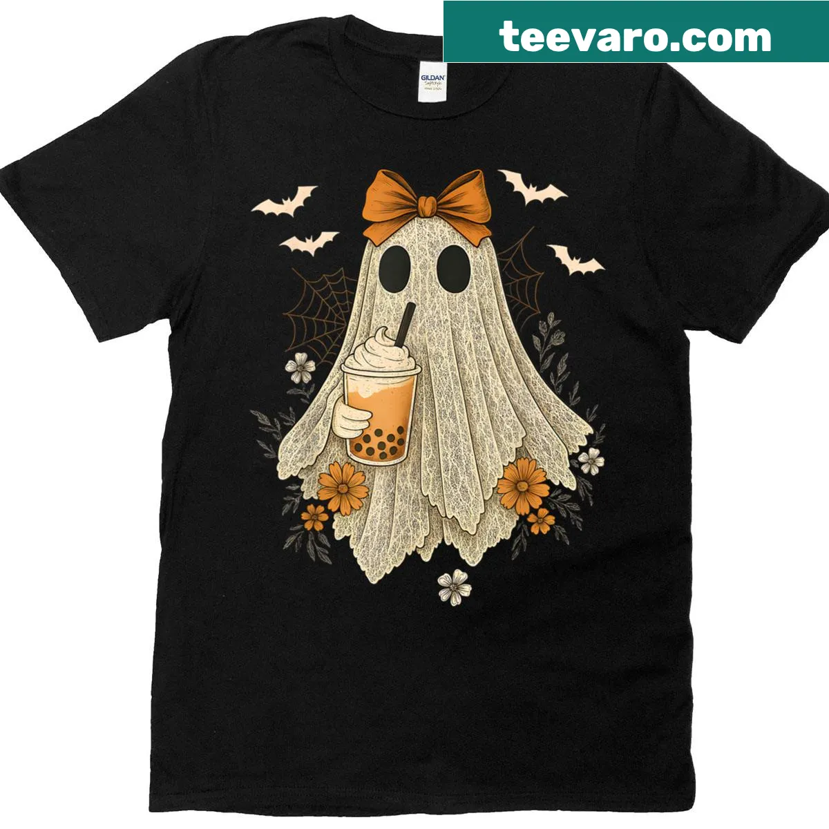 Cute ghost with lace bow and coffee design on a T-shirt — on a men's t-shirt