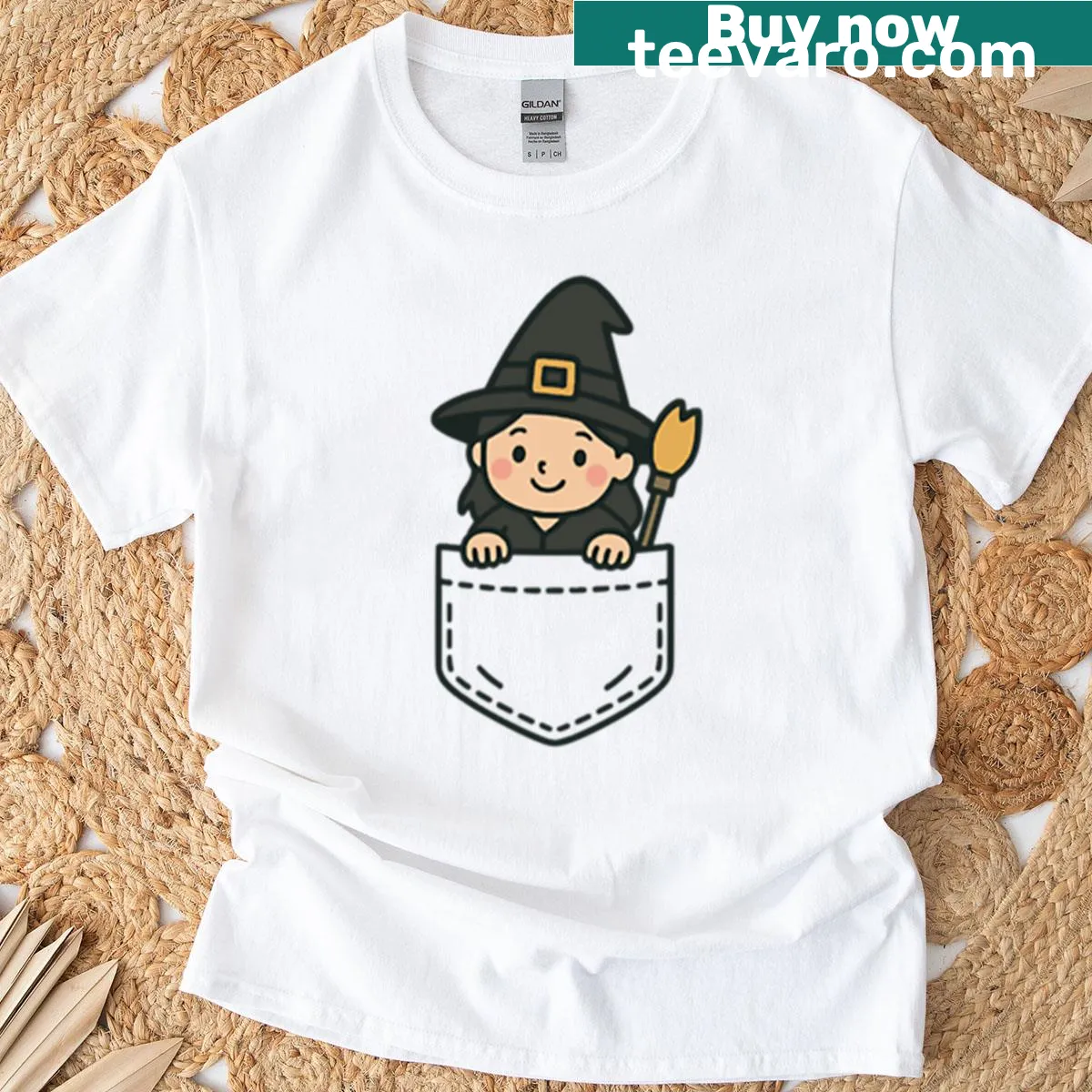 Cartoon witch graphic on an oversized t-shirt — on a men's t-shirt