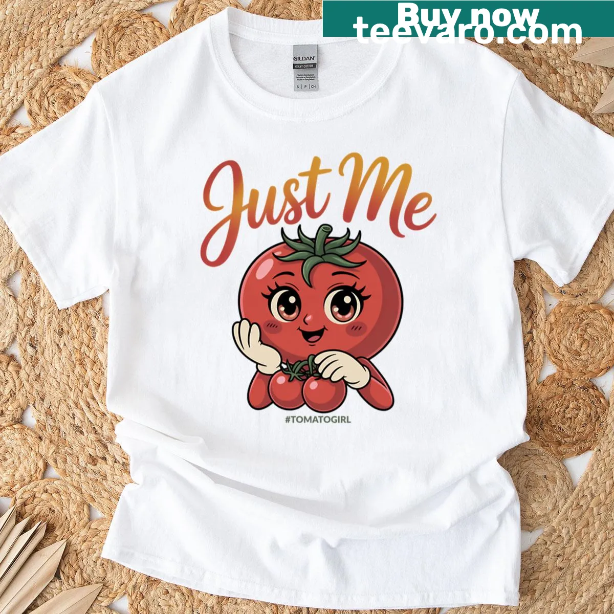 Cute tomato girl graphic on an oversized t-shirt — on a men's t-shirt