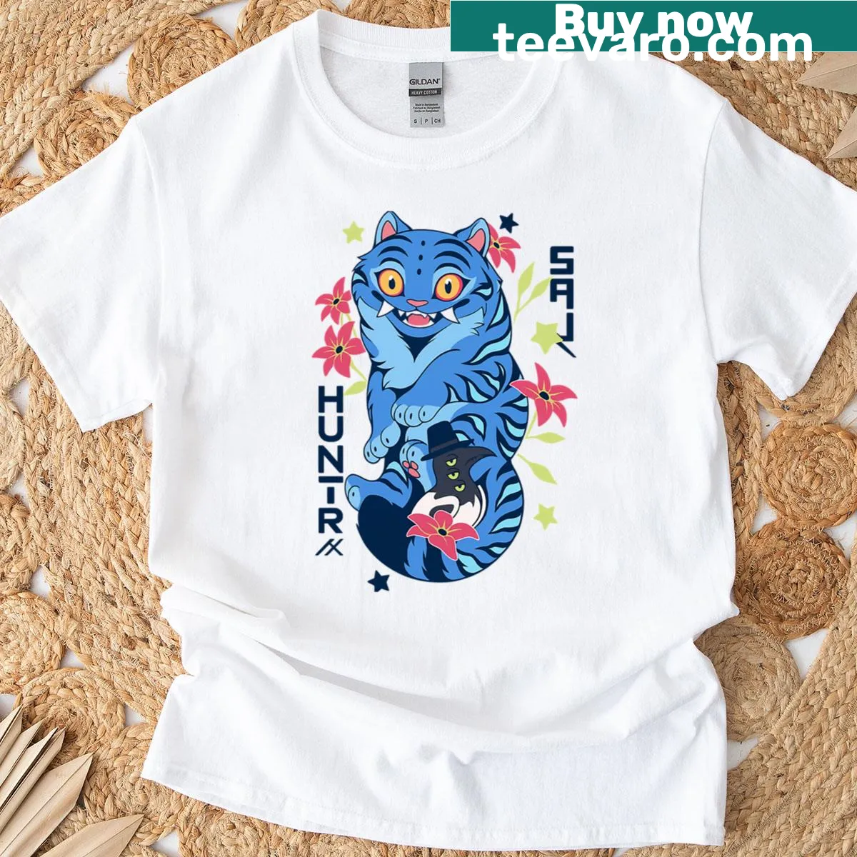 Cartoon tiger design showing derpy Kpop style — on a men's t-shirt