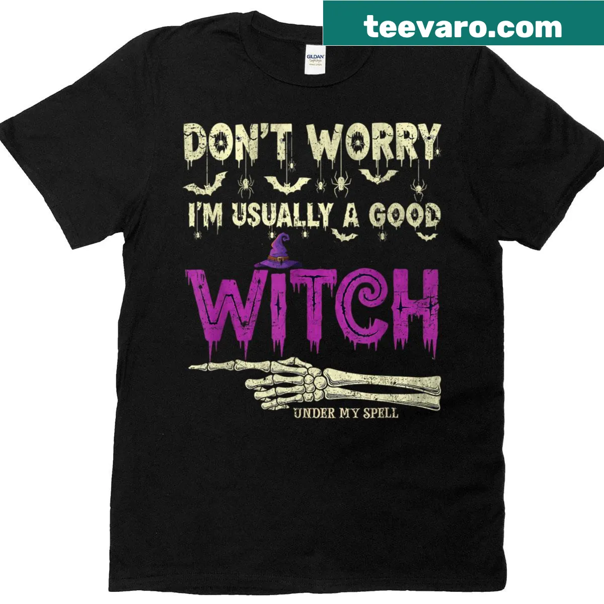 Skeleton graphic with humorous witch text in retro style — on a men's t-shirt