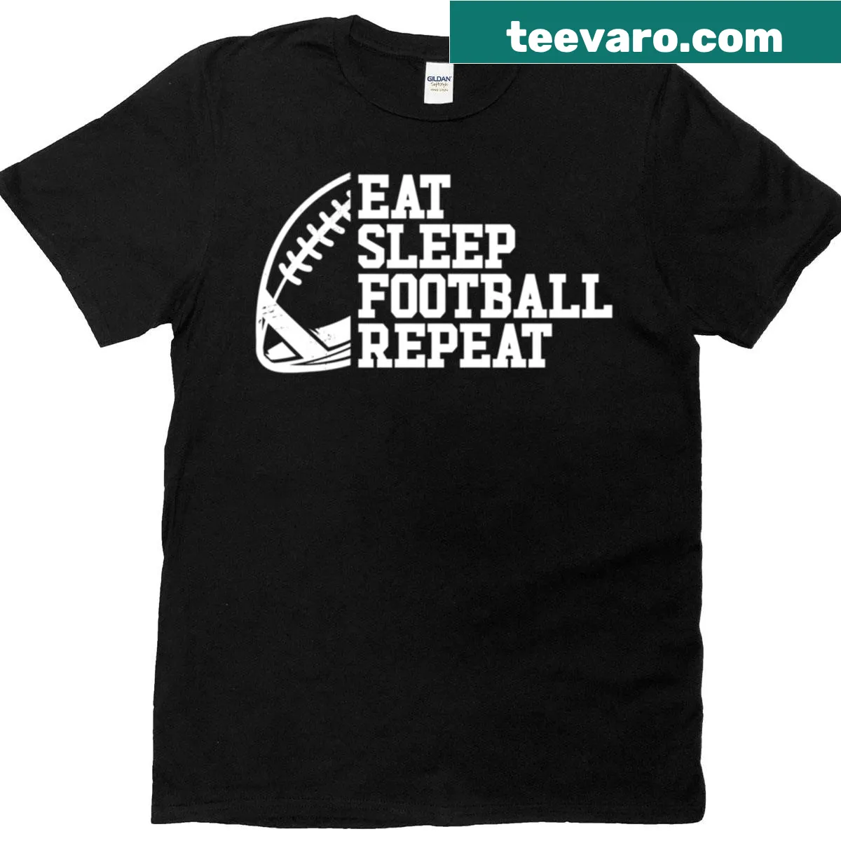 Youth football-themed Eat Sleep Repeat graphic on a T-shirt — on a men's t-shirt