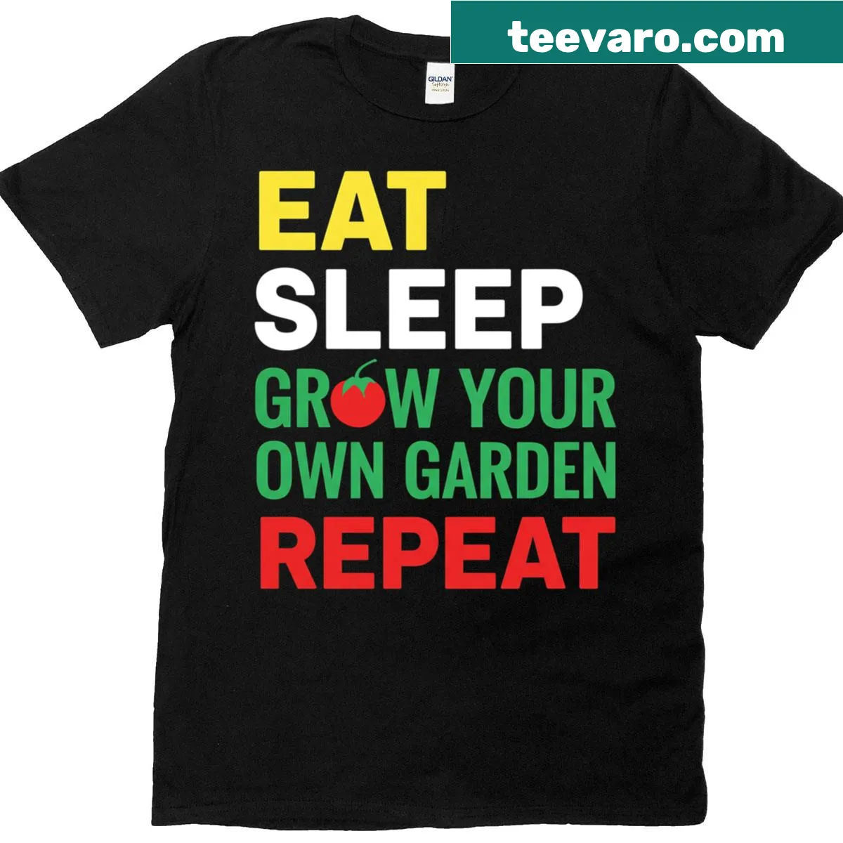 Funny gamer T-shirt with garden theme Eat Sleep Repeat — on a men's t-shirt