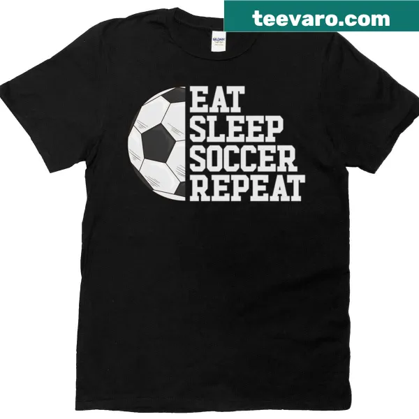 Kids soccer t-shirt featuring 'Eat Sleep Soccer Repeat' text