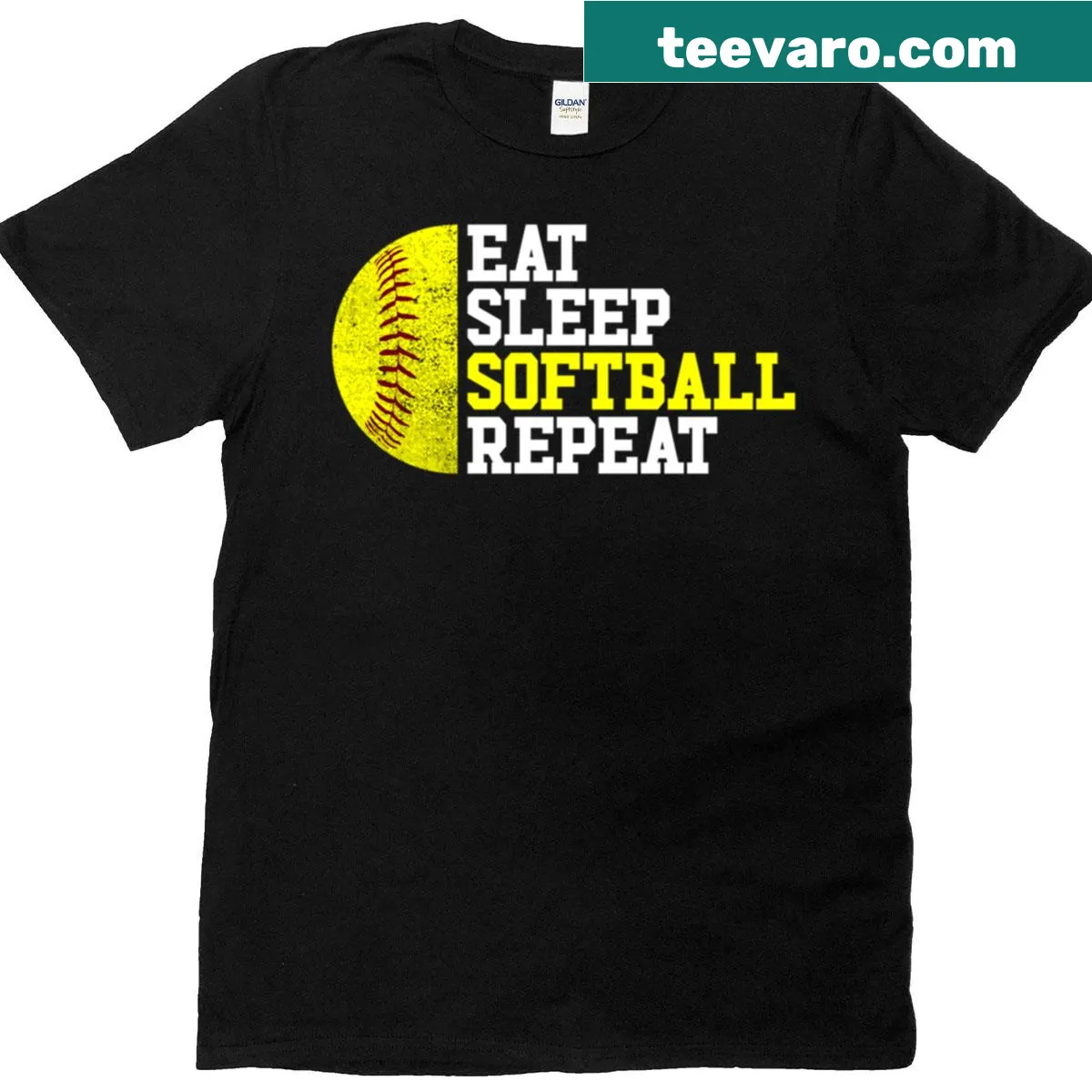 Girls softball T-shirt with Eat Sleep Softball Repeat graphic — on a men's t-shirt