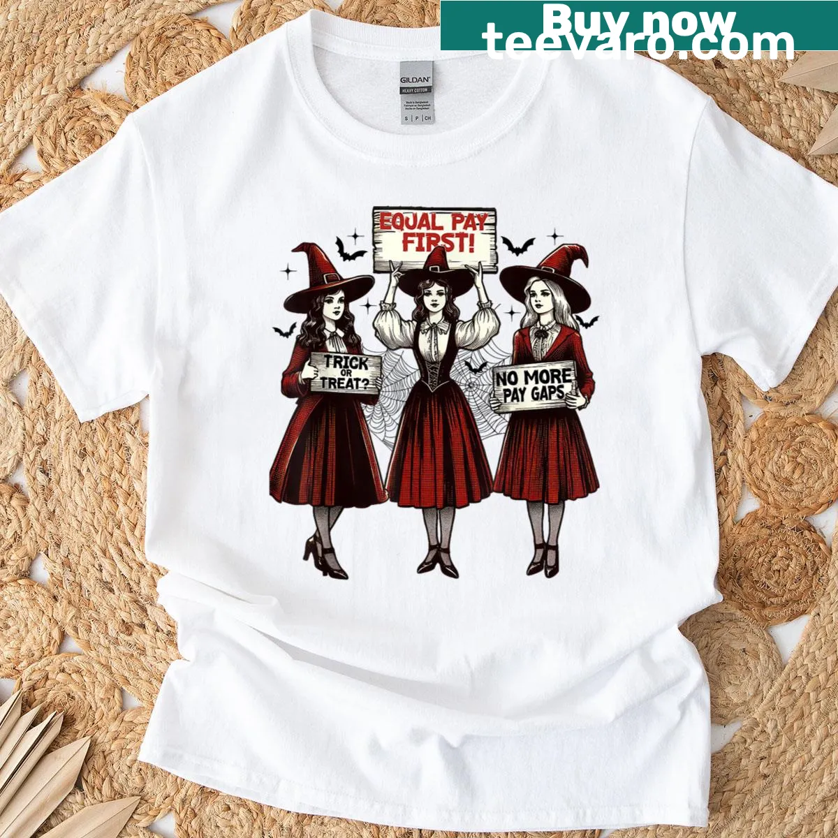 Vintage-style T-shirt with feminist witch graphic and equal pay message — on a men's t-shirt