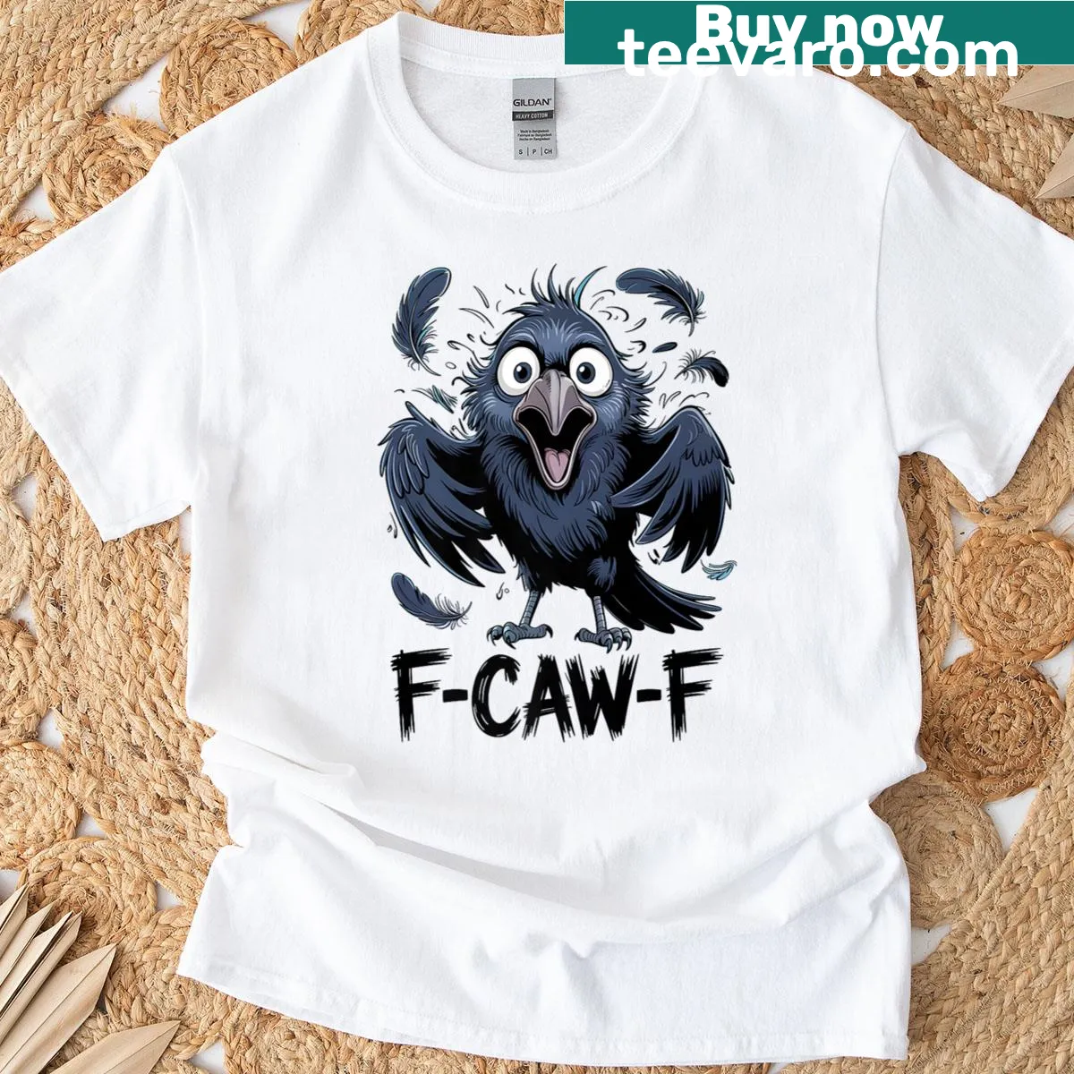 Comic-style screaming crow t-shirt with 'F-caw-f' text — on a men's t-shirt