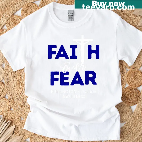 Christian cross with text 'Faith Over Fear' for Huntington's disease awareness