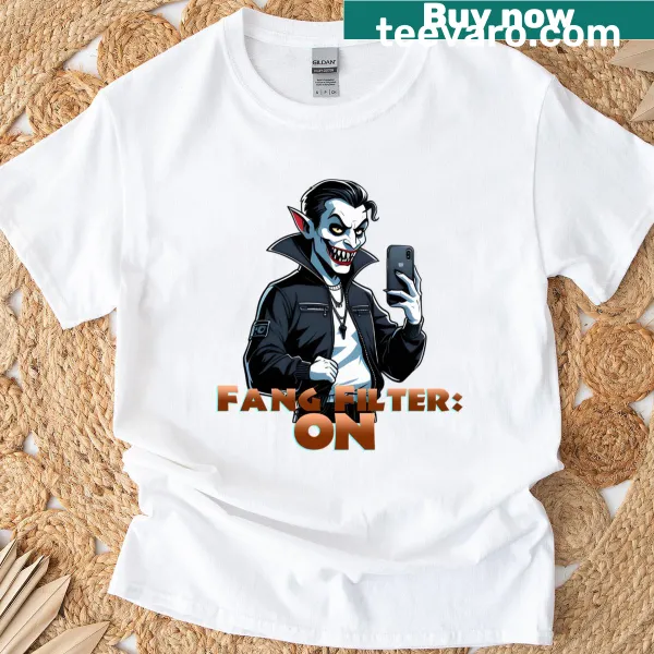 Funny T-shirt featuring the phrase 'Fang Filter On'
