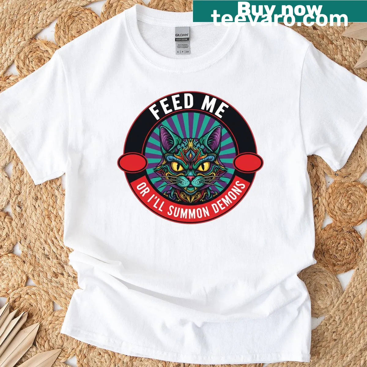 Funny cat T-shirt with 'Feed Me Or I'll Summon Demons' text — on a men's t-shirt