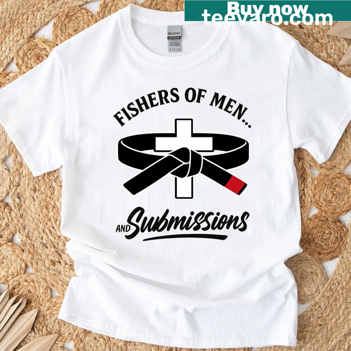 Humorous T-shirt with the phrase Fishers Of Men And Submissions printed. — on a men's t-shirt