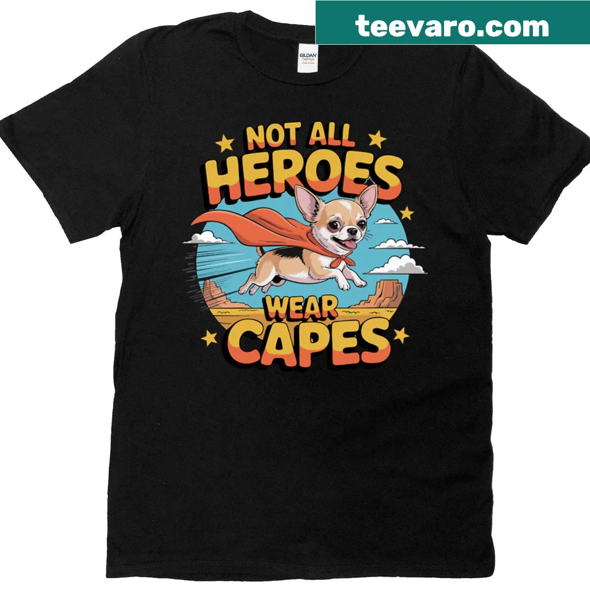Cartoon chihuahua in a superhero costume flying on a t-shirt — on a men's t-shirt