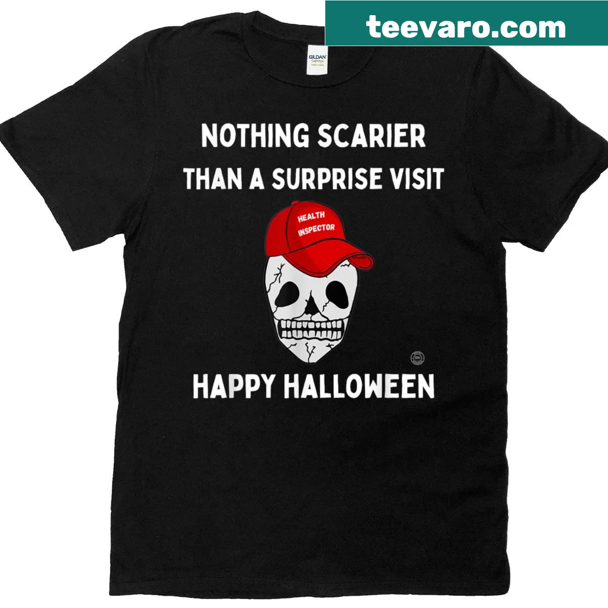 Halloween t-shirt with a skull design promoting food safety — on a men's t-shirt