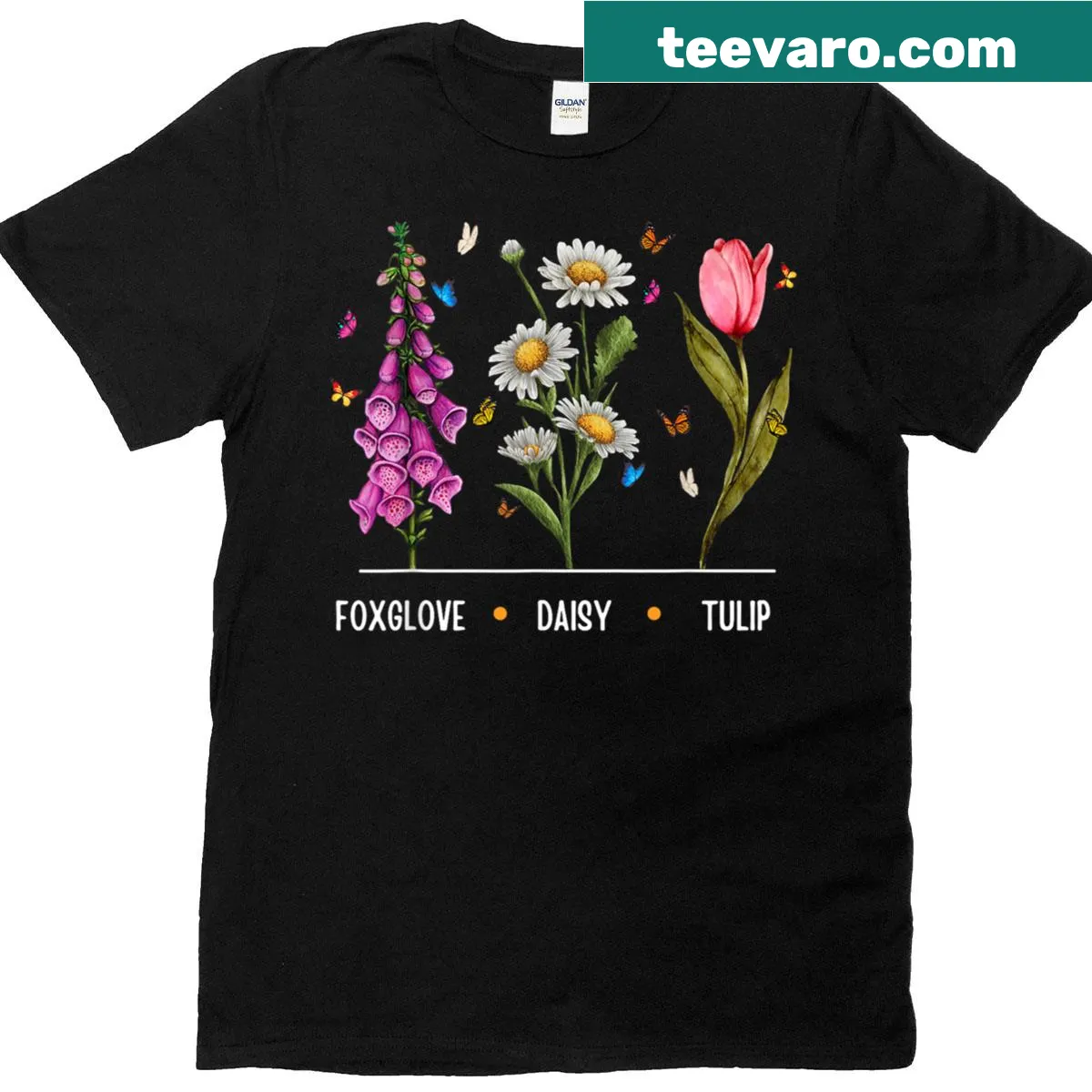 Floral T-shirt featuring foxglove, daisy, and tulip illustrations — on a men's t-shirt