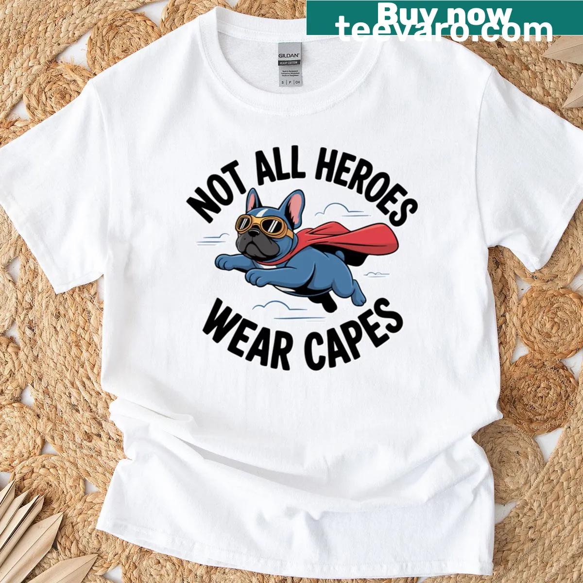 T-shirt featuring a flying superhero French Bulldog illustration — on a men's t-shirt