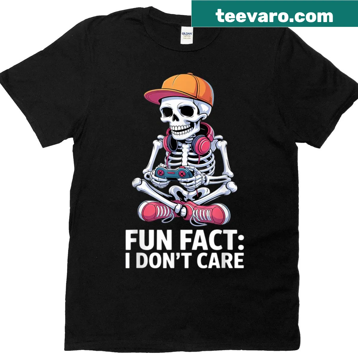Sarcastic t-shirt featuring a skeleton playing a game with the phrase 'I Don't Care' — on a men's t-shirt