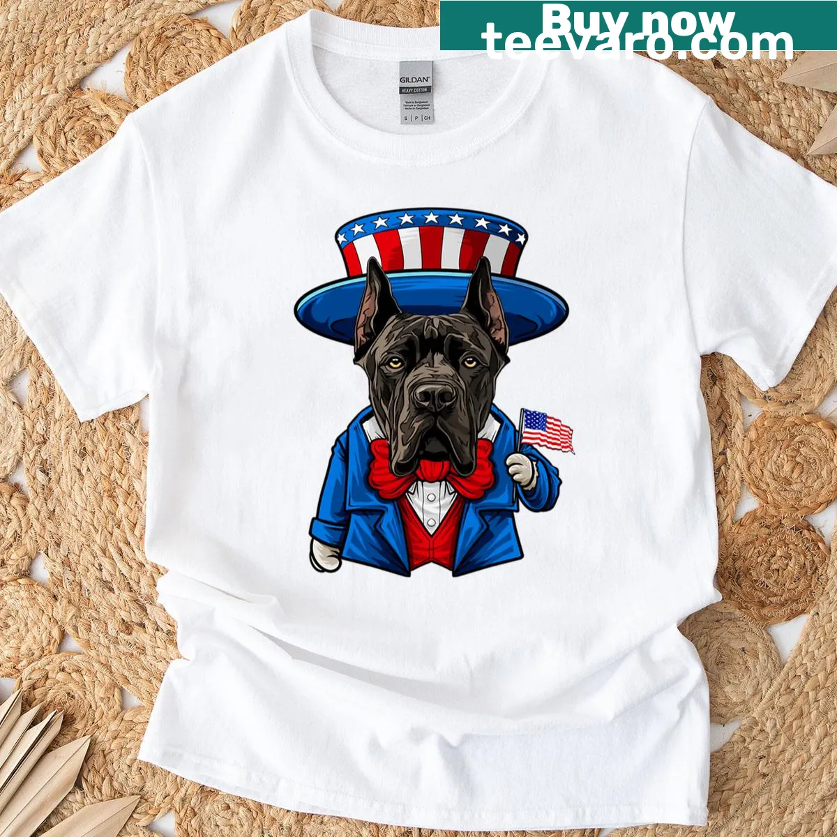 American-themed Cane Corso illustration for 4th of July — on a men's t-shirt