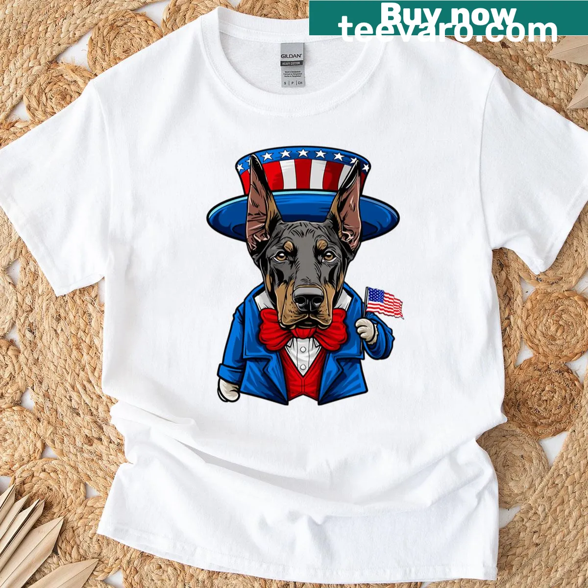 Cartoon Doberman Pinscher with patriotic design for 4th of July — on a men's t-shirt