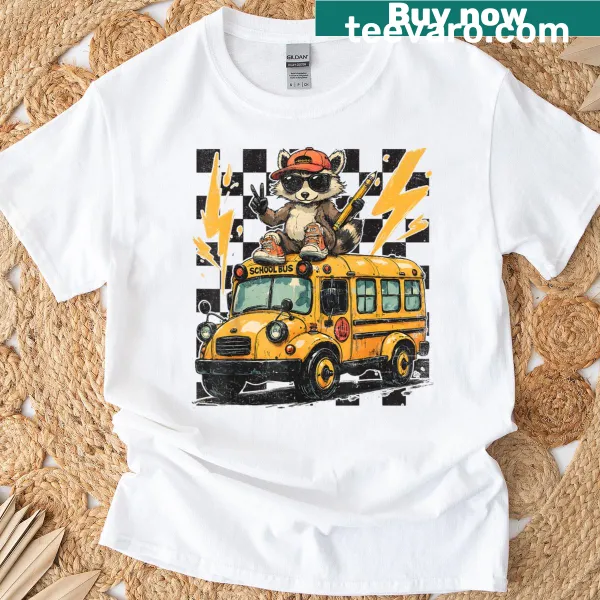 Checkered raccoon graphic on a fun back-to-school t-shirt for kids