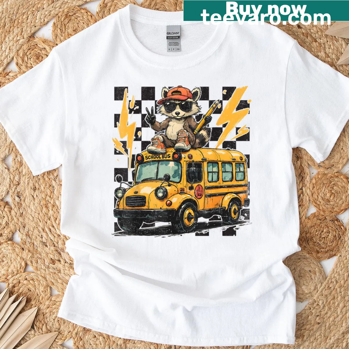 Checkered raccoon graphic on a fun back-to-school t-shirt for kids — on a men's t-shirt