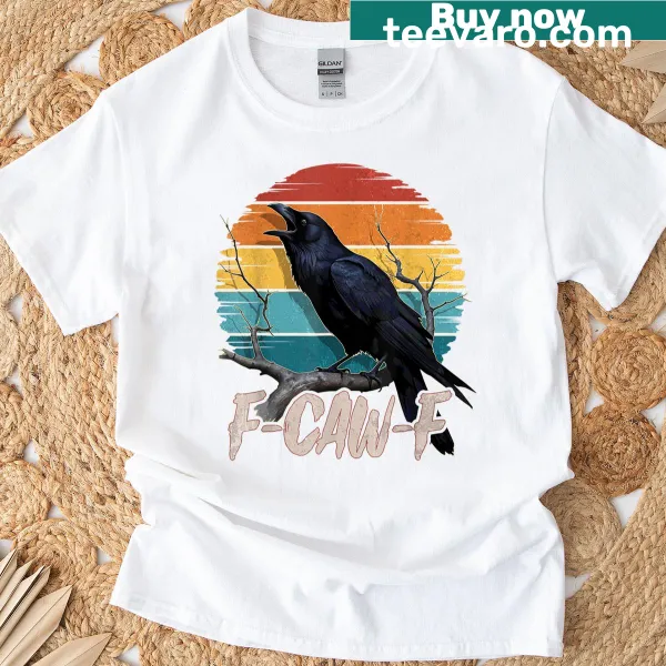Cartoon black crow with humorous cawing text on a t-shirt