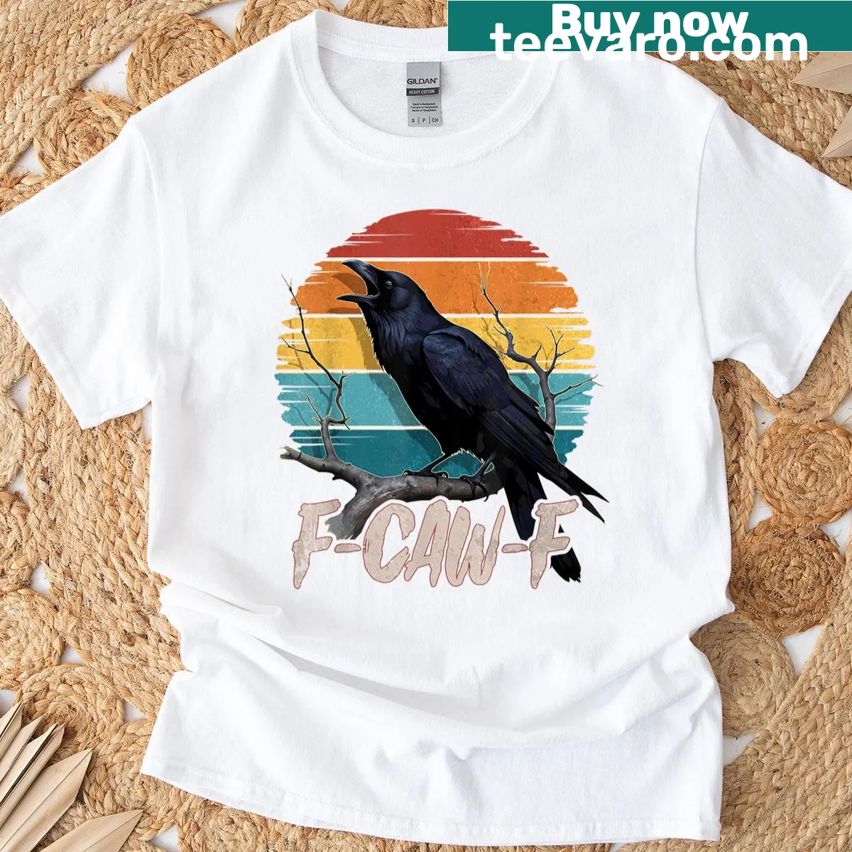 Cartoon black crow with humorous cawing text on a t-shirt — on a men's t-shirt