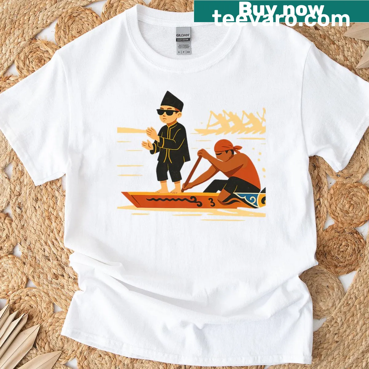 Cartoon illustration of a dancing kid at Indonesian boat races on a t-shirt — on a men's t-shirt
