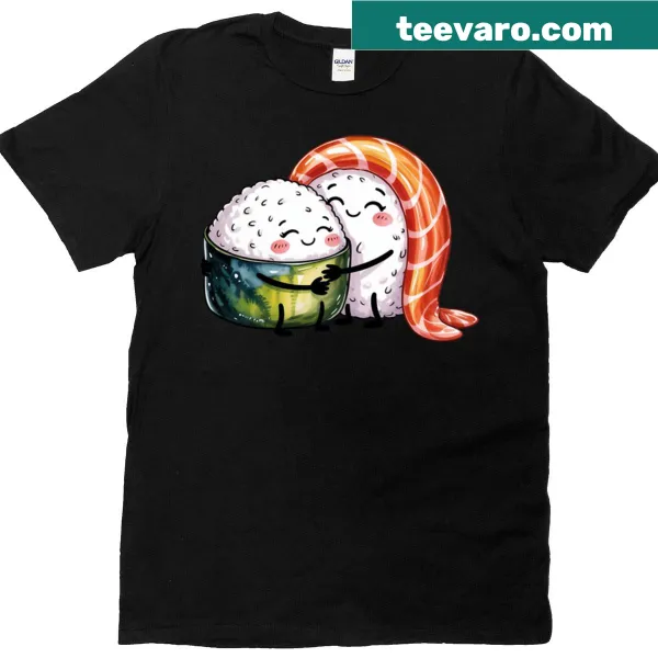 Cute sushi-themed t-shirt with kawaii illustrations