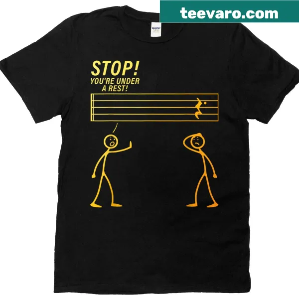 Whimsical music-themed T-shirt featuring funny graphics for music lovers.