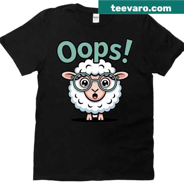 Cartoon sheep T-shirt with humorous expression about making mistakes.