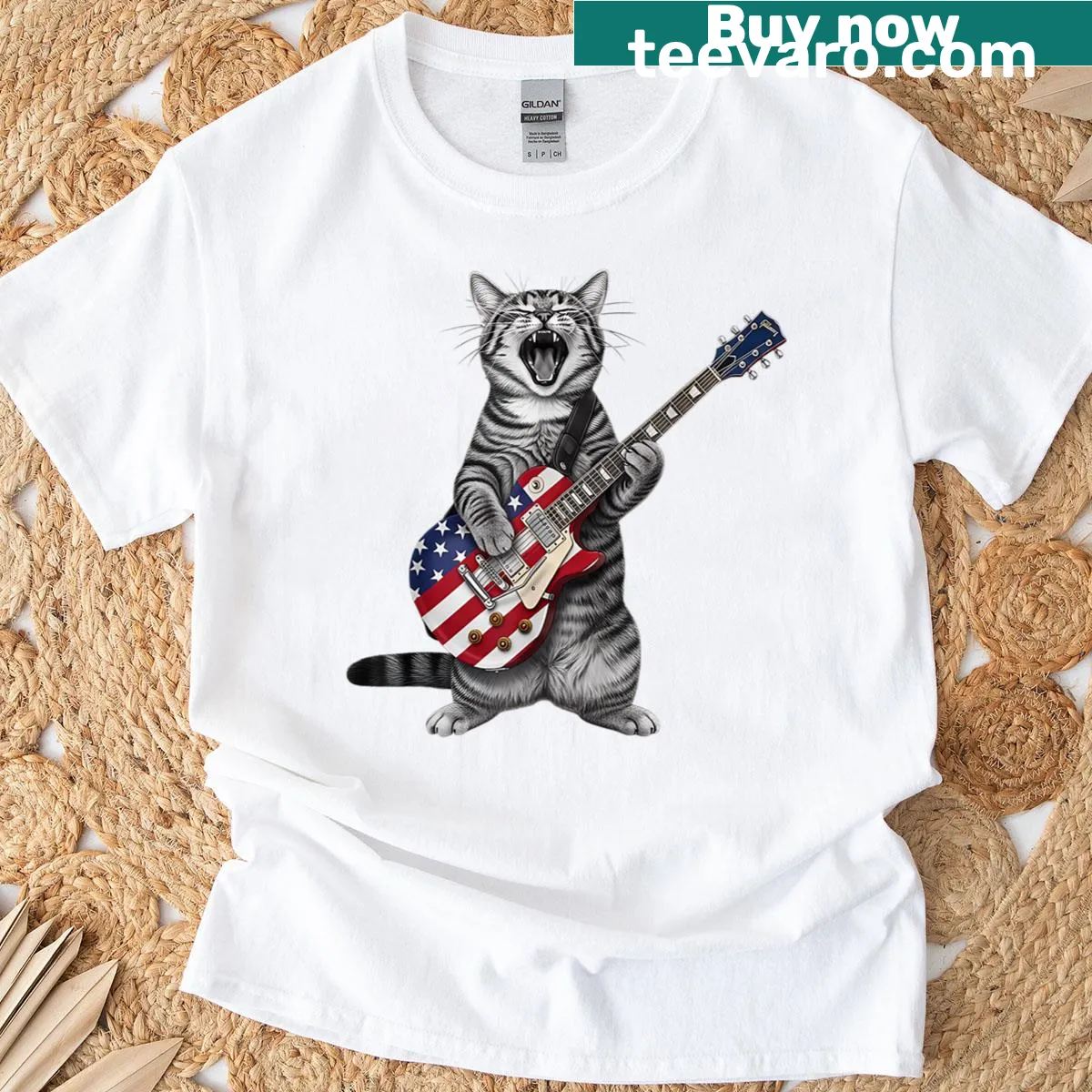 Cartoon cat playing electric guitar in a humorous design on a t-shirt — on a men's t-shirt