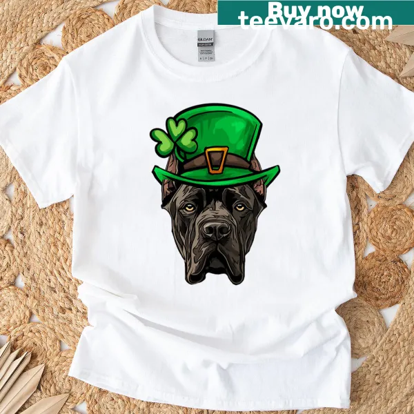 Cane Corso dog in festive St. Patrick's Day attire on a t-shirt