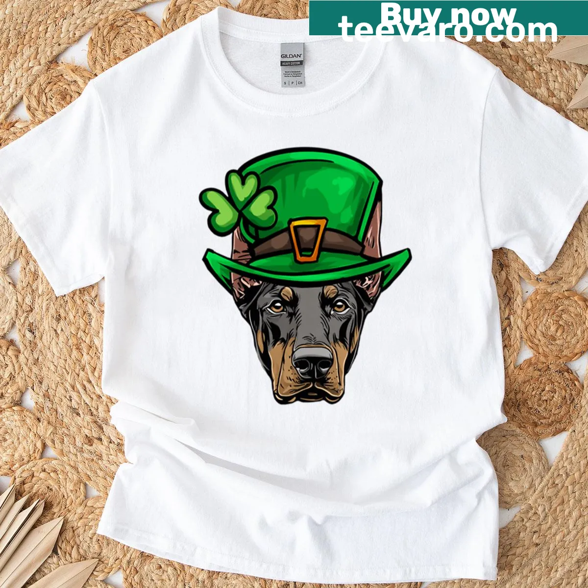 Funny Doberman Pinscher dog wearing St. Patrick's Day accessories — on a men's t-shirt
