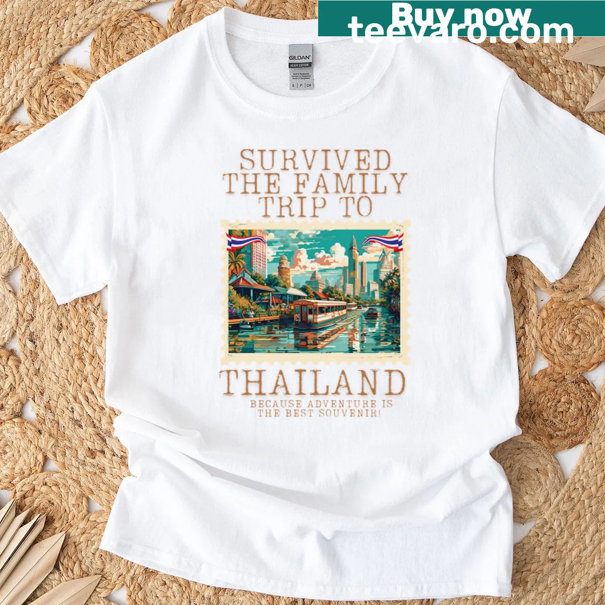 Vintage-style travel souvenir stamp design featuring Thailand — on a men's t-shirt