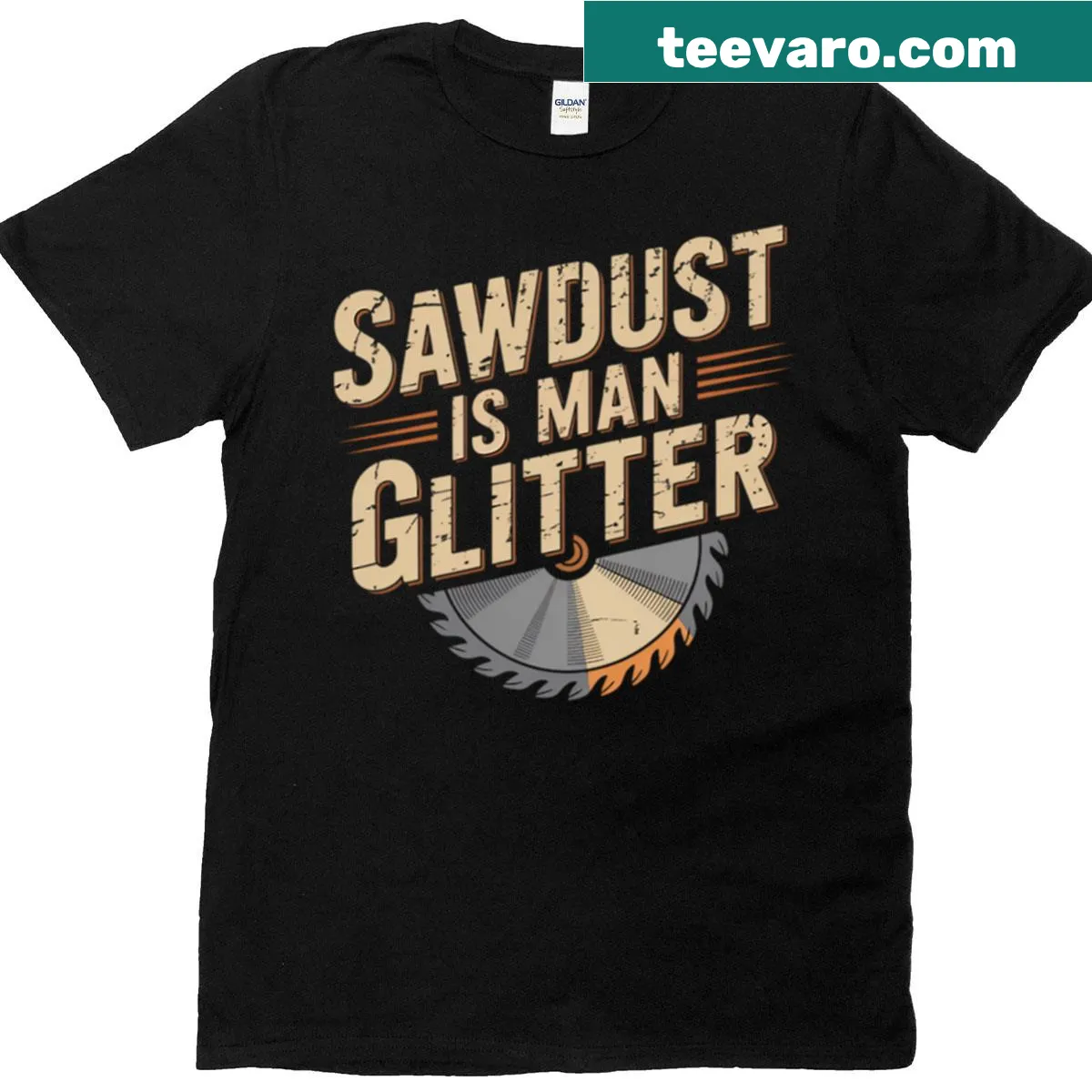 Vintage woodworking humor T-shirt featuring playful sawdust graphics — on a men's t-shirt