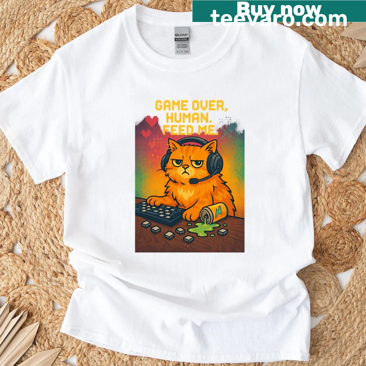 Humorous Game Over Human t-shirt with playful typography — on a men's t-shirt