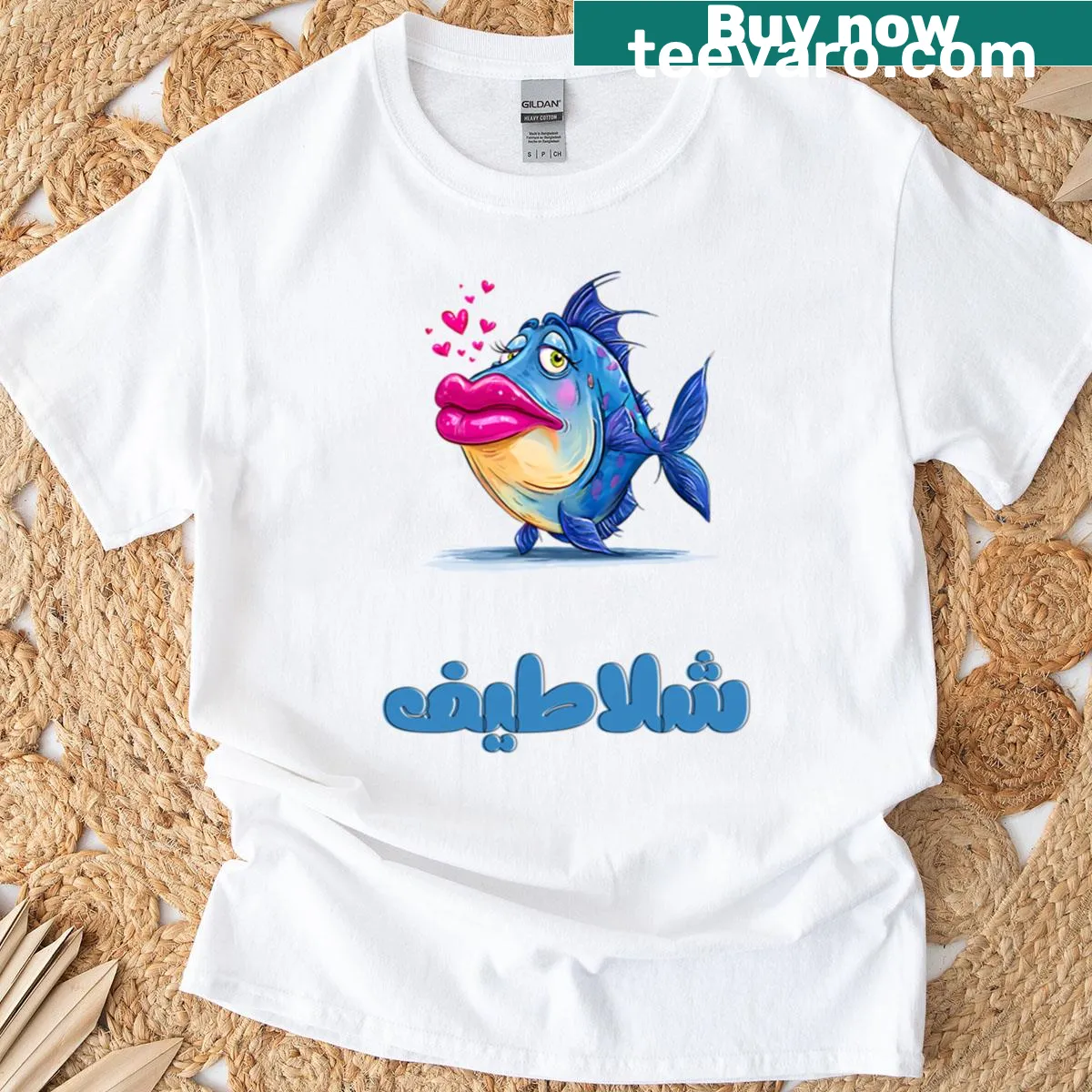 Bold T-shirt featuring a glam sea queen and sassy fish design — on a men's t-shirt