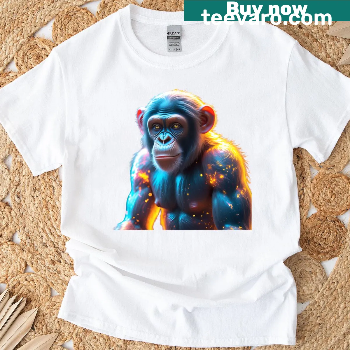 Oversized t-shirt featuring a playful glowing cyber-chimpanzee graphic — on a men's t-shirt