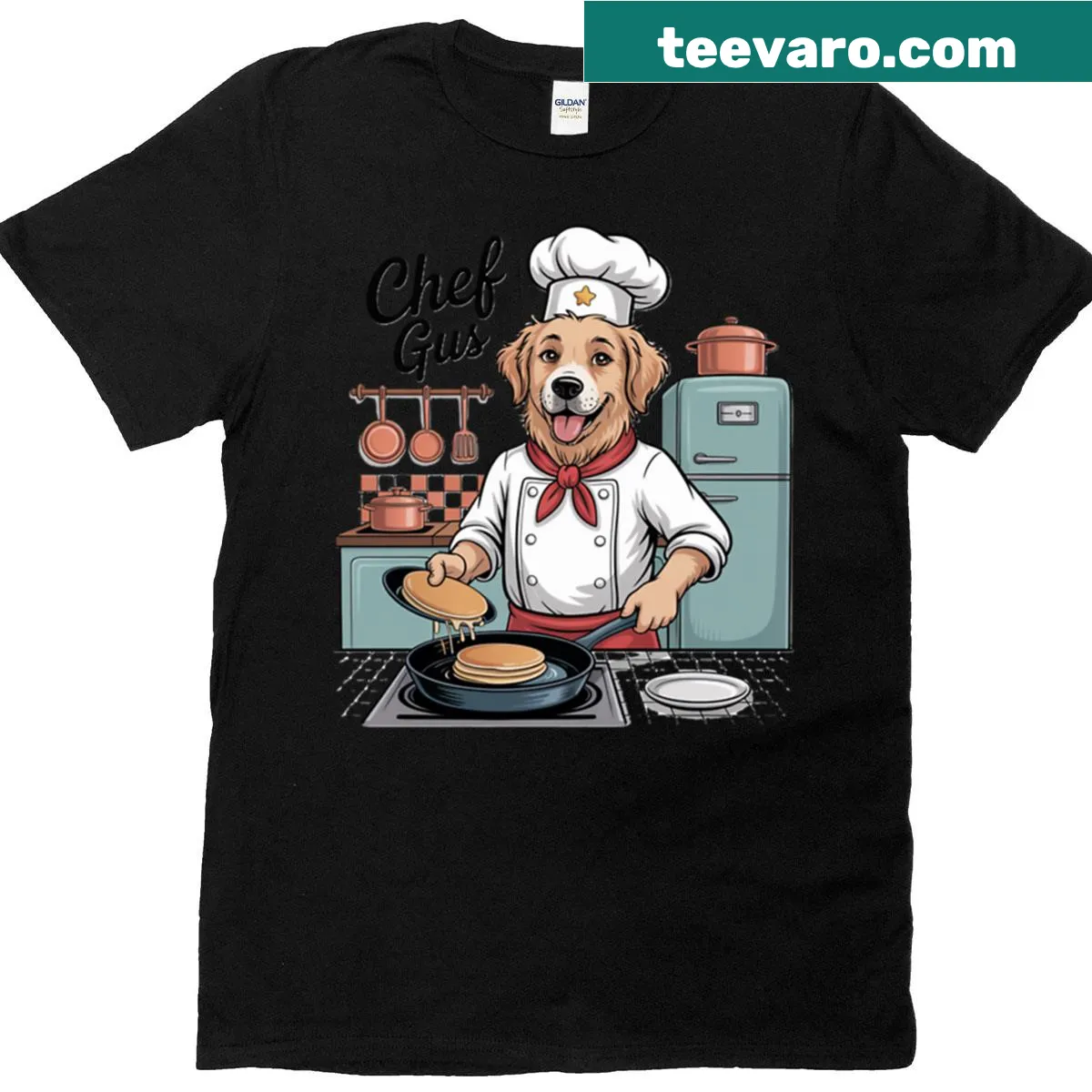 Funny Golden Retriever chef illustration on a t-shirt — on a men's t-shirt