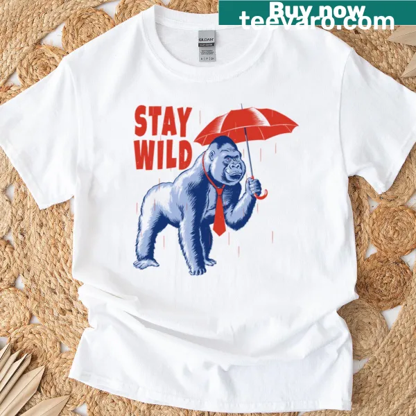 Minimalist T-shirt featuring a gorilla with an umbrella