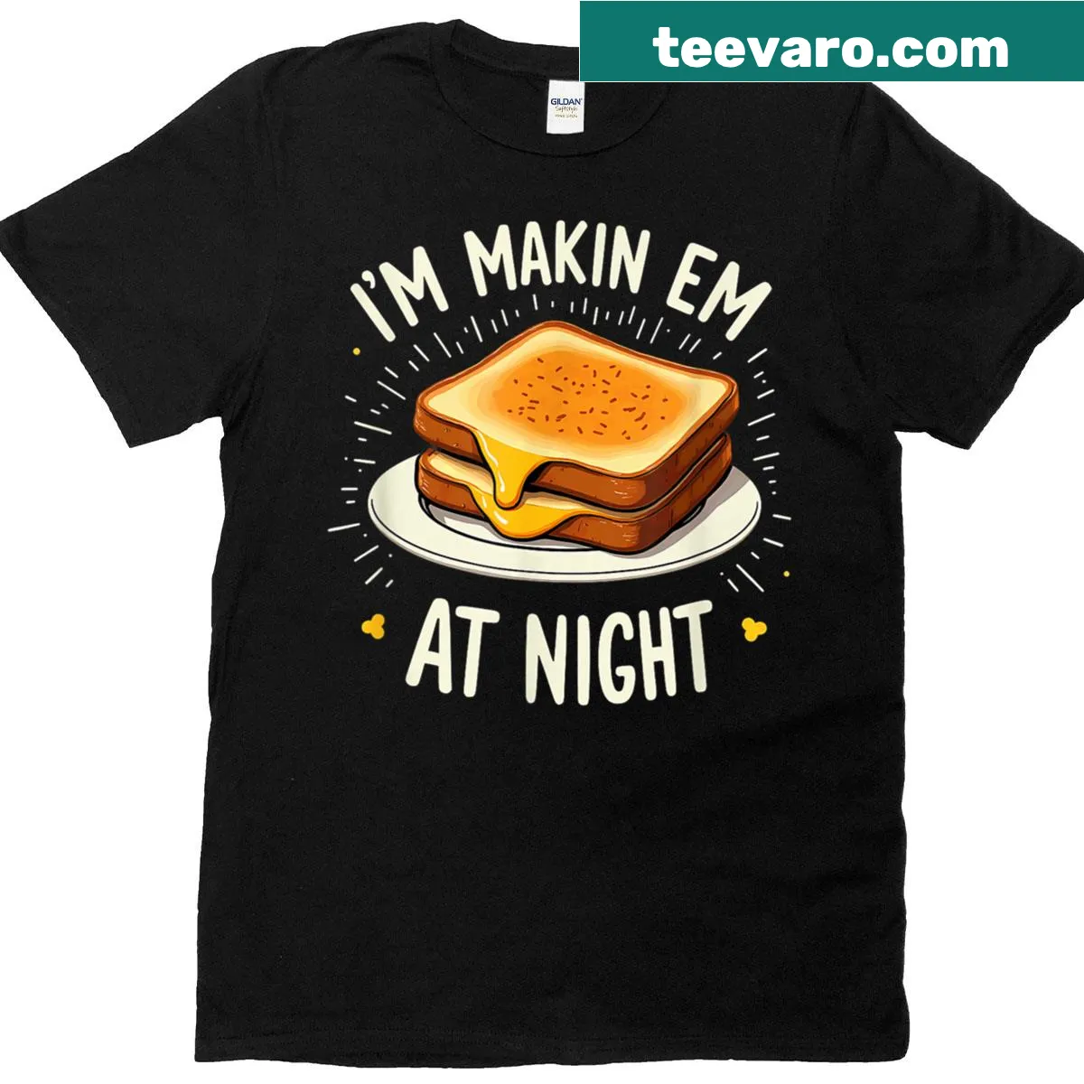 T-shirt featuring a grilled cheese sandwich illustration — on a men's t-shirt