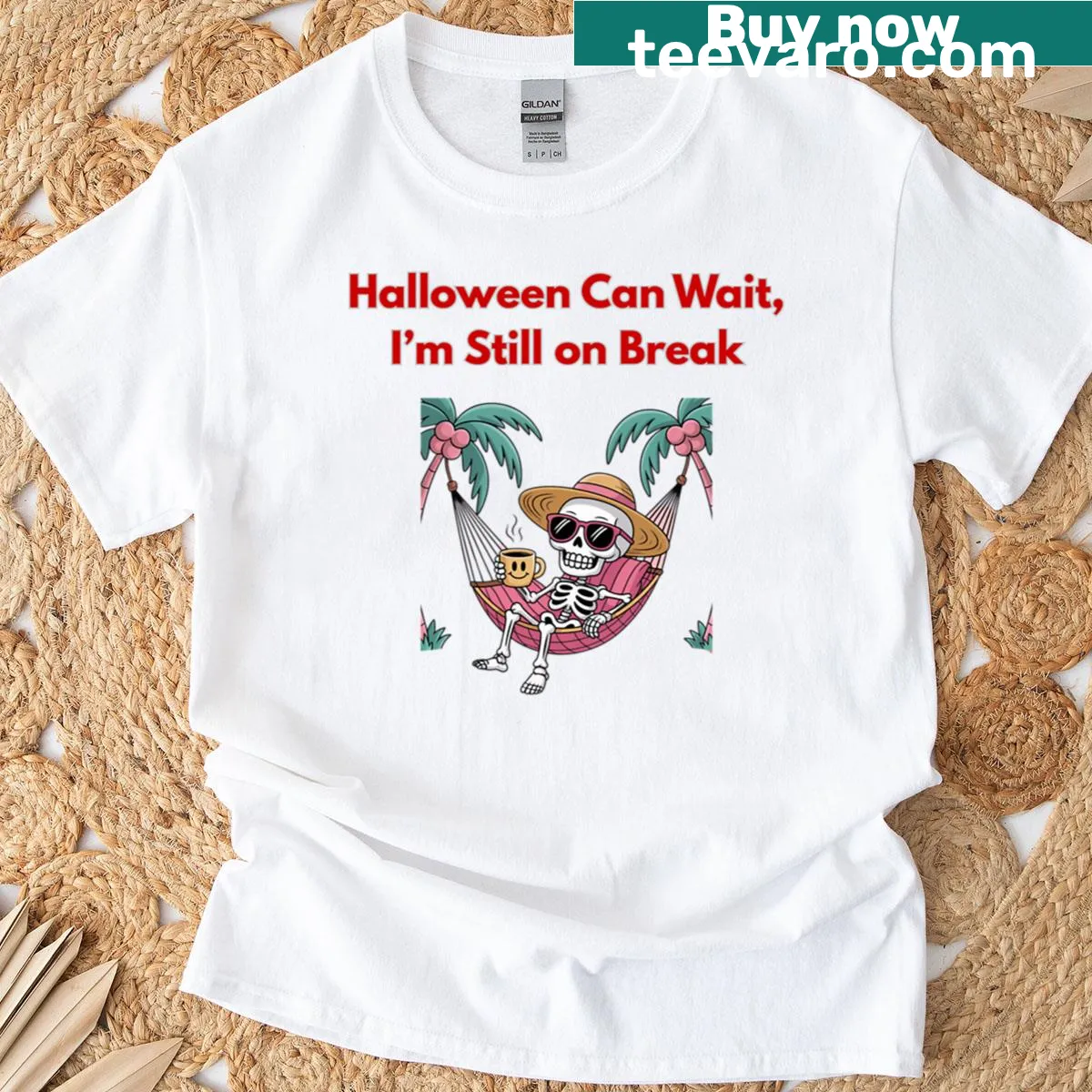 Chill skeleton in hammock graphic for Halloween t-shirt — on a men's t-shirt